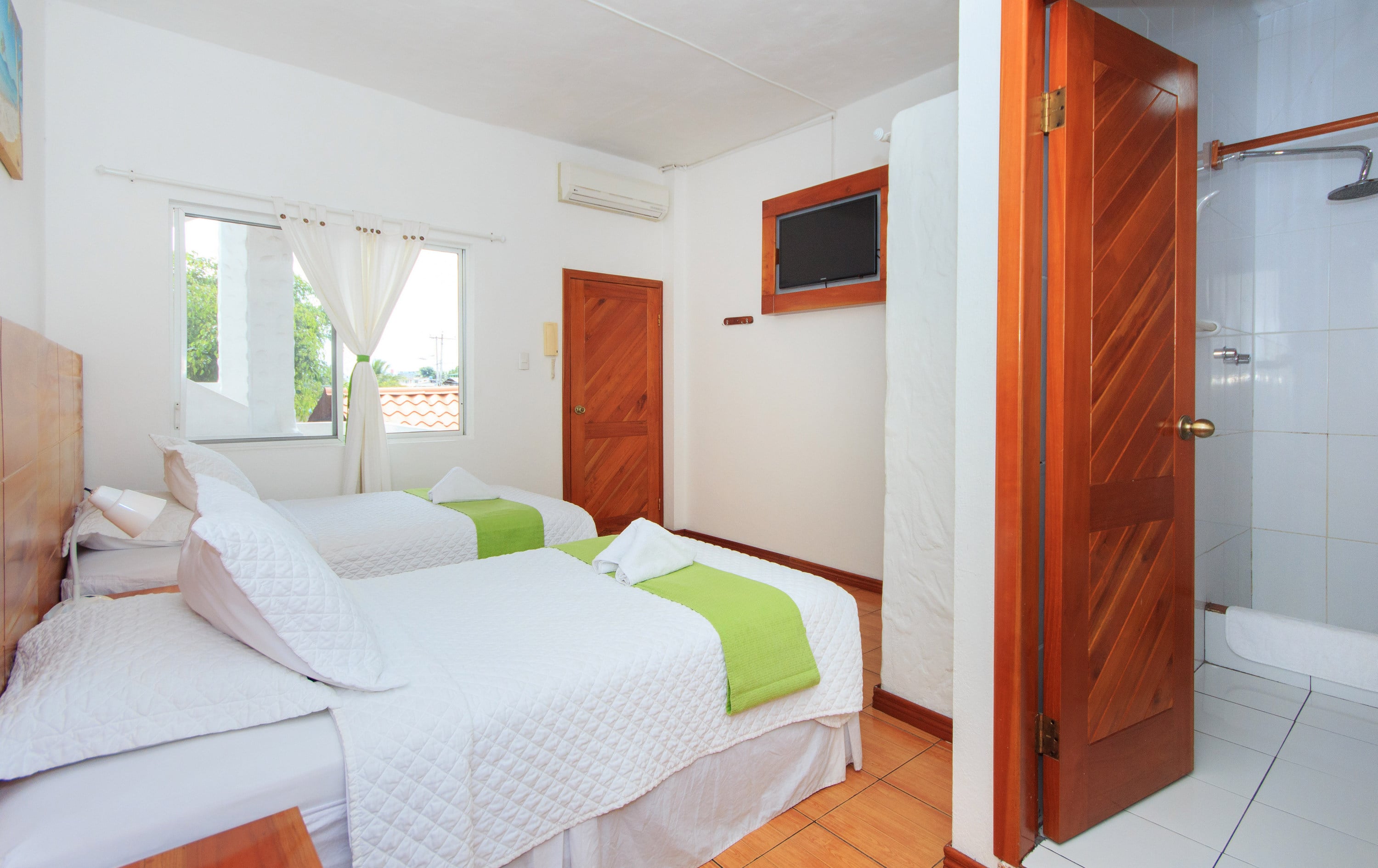 Single room with ocean view, wooden furniture, a TV, and clean decor.